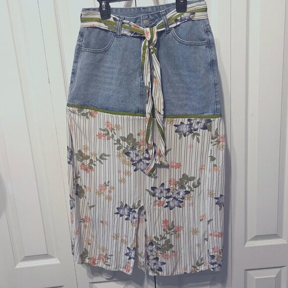 Handmade Dresses & Skirts - Handmade Upcycled Denim Jean Skirt-Sz. Small-Blue/Green/Floral Long Slit Skirt